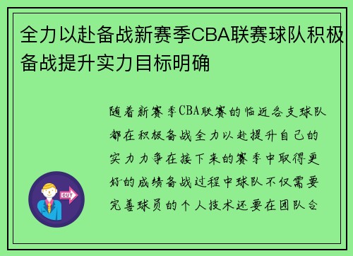 全力以赴备战新赛季CBA联赛球队积极备战提升实力目标明确