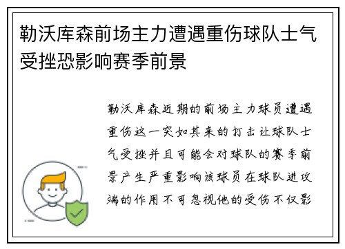 勒沃库森前场主力遭遇重伤球队士气受挫恐影响赛季前景
