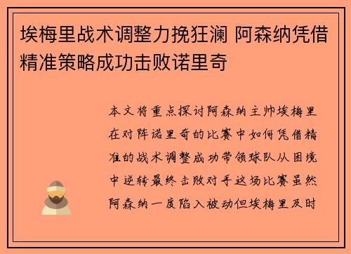 埃梅里战术调整力挽狂澜 阿森纳凭借精准策略成功击败诺里奇